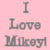Pink background with gray text reading "I Love Mikoyi" next to a dark blue pattern of pink and white hearts.