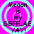 Four identical circular icons with cyan rings on a bright pink background, each displaying text about 'Megon' as a 'GBFFLAE' with 'YAY!' text.