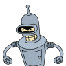 Pixelated light blue robot with black visor, yellow grid teeth, and antenna, arms bent at elbows, white background.