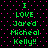 Green pixelated text on black background with pink dots reads "I LOVE Jared Micheal Kelly!!" in two identical vertical