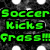 Green pixelated text reads "Soccer Kicks Grass!!!" on a black and gray pixelated background with white highlights.