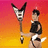 Pixelated figure in black sleeveless top and white shorts holds a lacrosse stick against gradient red-orange-yellow background.