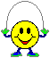 Yellow smiley face avatar with blue limbs and green hands/feet holding a gray jump rope against light gray background.