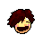Pixel art head with brown hair, yellow face, pink cheeks, closed eyes, and a wide dark mouth on white background.