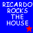 Four display "RICARDO ROCKS THE HOUSE" text with star symbols; blue has red star, red has blue star, two purple have no stars
