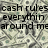 Pixelated static image with black text reading 'cash rules everythin around me' over a blurred background of muted green, gray, and beige tones.