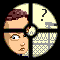 Pixelated circular icon with a woman's face showing multiple expressions and head positions against a -patterned background