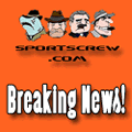 A contact sheet of five animated frames from a Sportscrew.com AIM buddy icon featuring cartoon mascots, text overlays, and a woman in a black crop top against an orange background.