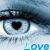 A 2x2 contact sheet of four animated frames showing a close-up of blue eyes with heart-shaped pupils and the word "Love" in light blue text below each eye, arranged left-to-right top-to-bottom.