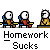 Animated contact sheet of pixel art stick figures in a classroom setting with text bubbles and repeated "Homework Sucks" captions across multiple frames showing different actions like writing, talking, and collapsing.