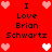 Red background with black text reading "I Love Brian Schwartz" and pixelated heart symbols in white and pink.