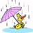 Pixelated icon shows a yellow figure holding a purple umbrella over its head while standing in light blue water, with gray raindrops falling from above.