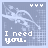 Pixelated blue background with white text "I need you." and a faint light-blue figure, showing animation changes in the text's punctuation.