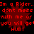 Red pixelated text on black background with red starburst shapes, repeating 'Im a Rider..Im a Rider.. dont mess dont mess with me or with me or you will getyou will get HURT' in two identical