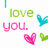 Green 'love' text, pink 'you.' text, and three pixelated hearts in cyan, magenta, and green on white background.