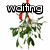 Mistletoe with red ribbon tied at top, green leaves and white berries on white background; text above reads 'waiting' in pixelated font.