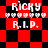 Red and black checkered background with white text reading 'RICKY' above six heart symbols and 'R.I.P.' below, displayed in four identical