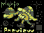 Pixel art image of a yellow and green character with dark gray accents, wearing a hat, standing against black background with scattered squares and stars.