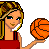 Pixel art contact sheet showing multiple frames of an animated AIM buddy icon featuring a cartoon woman with blonde hair holding basketballs, wearing red top and blue jeans.