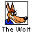 Pixelated cartoon wolf mascot hanging upside down from a black frame with blue water below, labeled "The Wolf" in pixel font beneath the icon.