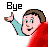 Pixelated cartoon character with brown hair and light blue shirt waves goodbye under 'Bye' text, partially covered by red fabric, with 'AwayMessages.com' text below.