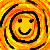 Two identical pixelated smiley faces with black outlines, yellow-orange gradients, and spiral patterns on a fiery orange-yellow background.