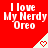 Red background with repeated white text "I love My Nerdy Oreo" and light green triangular shapes containing red heart symbols.