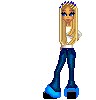 Pixel art avatar of a blonde girl with blue eyes, white top, dark blue flared pants, and blue-black platform shoes; text labels 'isabel' and 'alex' appear in different frames.