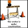 Pixelated construction scene with orange traffic cones, a striped barrier, and a flashing light atop a black box, with text below reading 'this avatar is under construction'.