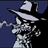 Pixelated cartoon character in black and white with blue background, wearing a wide-brimmed hat and holding an object resembling a stick or weapon.