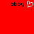 Red background with black text 'abby' on left and right, white pixelated heart symbol between them.