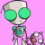 Pixelated cartoon alien with large green eyes and a small body holding a smaller object against a pink background.