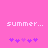 Pixelated pink background with white 'summer...' text and purple flower icons, showing two animation frames where the flowers shift position.