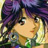Pixelated anime-style portrait of a person with purple hair and light skin, wearing a green garment with yellow accents, viewed in profile against a blurred background.