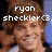 Pixelated image of a person with light brown hair wearing a white shirt, showing two text variations above the head.
