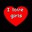 Four red heart-shaped icons with white text "I love girls" on black background, each displaying slight variations in pixelation and alignment.