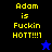 Yellow pixelated text reads "Adam is Fuckin HOTT!!!" on black and blue backgrounds with a small star icon.