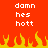 Red background with yellow-orange flames at bottom, white pixelated text 'damn hes hott' repeated twice in two