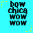 Pixelated text 'bow chica wow wow' on cyan background with yellow stars and dotted lines, animated with star position changes.
