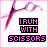 Pixelated icon with pink and purple scissors graphic above text reading "IRUN WITH SCISSORS" in black boxes on white background.