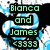 Pixelated green text on black background with blue and white abstract shapes, reading "Bianca and James <3333".