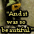Pixelated image with yellow text on black blocks reading "And it was so beautiful" over a blurred background featuring green and brown shapes.