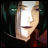 Pixelated anime-style character face with dark hair and red clothing, next to stylized text on black background.