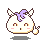 Pixel art character with white rounded head, purple hair bow, brown eyes, pink cheeks, and small mouth; four variations show different expressions and hand gestures.
