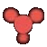 Four red pixelated circular shapes arranged in a dynamic cluster with varying sizes and positions