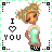 Pixel art character with blonde hair and a teal shirt displays 'I ❤️ YOU' text with heart symbol, arranged in a pattern