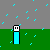 Pixelated figures in blue and pink stand under red umbrellas in rain, transitioning from single to paired poses across frames.