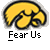 Two identical yellow Iowa Hawkeyes mascot icons with "Fear Us" text below each, displayed on a gray background alongside red and black promotional text for badassbuddy.com.