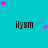 Cyan background with repeated 'ilysm' text and scattered pink/purple stars; gray rectangle in bottom-right corner.
