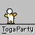Pixelated character with white body, yellow arms and legs stands on black line; right side shows speech bubble reading Toga! below text TogaParty.